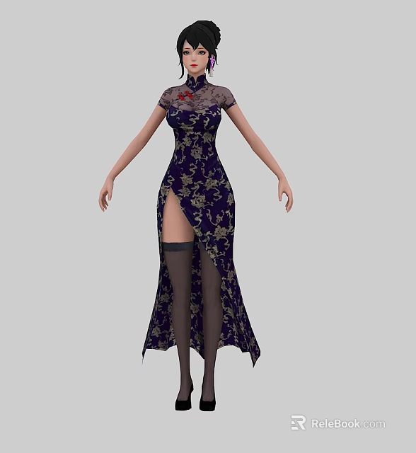 A Woman In Dark Blue Cheongsam With Gold Floral Patterns High Slit And Black Stockings 3d model 