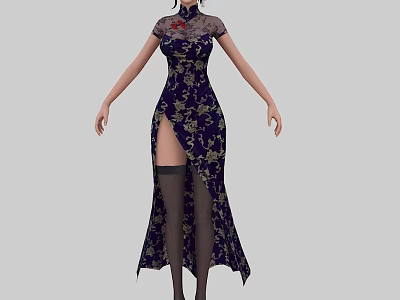 A Woman In Dark Blue Cheongsam With Gold Floral Patterns High Slit And Black Stockings 3d model