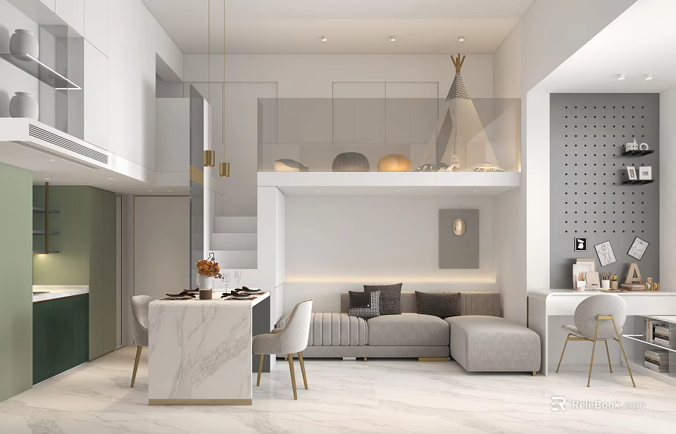 Light Luxury Apartment Open Kitchen Interior Design With Modern Island And Cabinets 3d model 