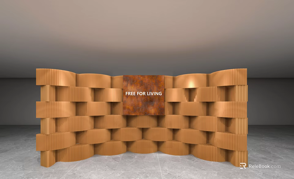 Wooden Display Shelves with Wavy Layered Structure and Central Rustic Sign Reading FREE FOR LIVING 3d model 