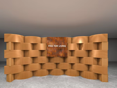 Wooden Display Shelves with Wavy Layered Structure and Central Rustic Sign Reading FREE FOR LIVING 3d model
