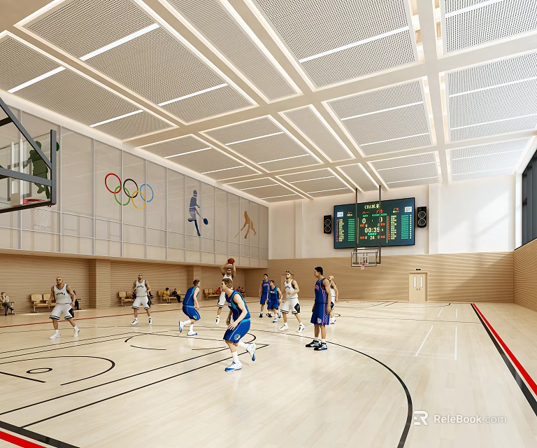 Indoor Basketball Gym With Players Game Olympic Rings And Scoreboard 3d model