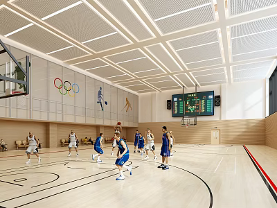 Indoor Basketball Gym With Players Game Olympic Rings And Scoreboard 3d model