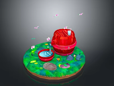Vibrant Garden Scene With Red Bucket Water Basin Green Grass Small Flowers And Butterflies 3d model