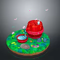 Vibrant Garden Scene With Red Bucket Water Basin Green Grass Small Flowers And Butterflies