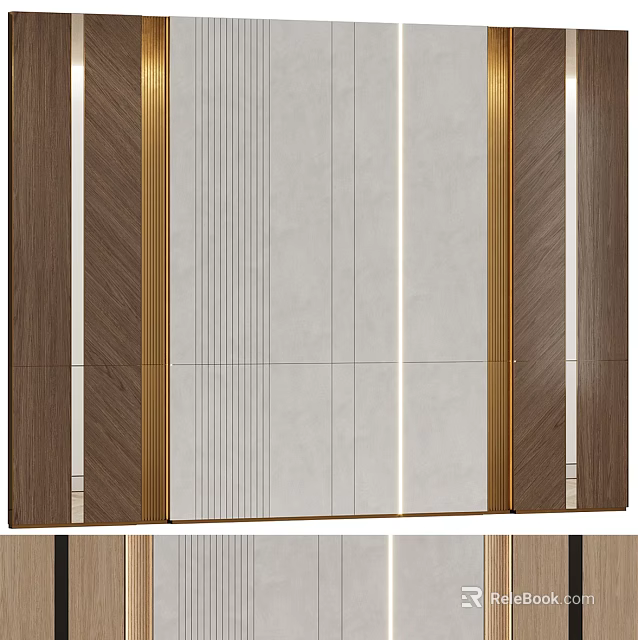 Modern Luxury Background Wall Design With Textured Panels And Gold Decorative Stripes 3d model 