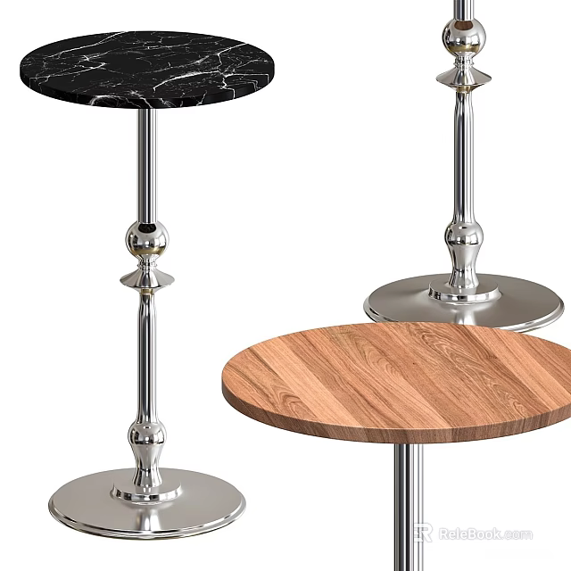 Modern Stylish Round Side Tables With Shiny Silver Metal Base And Natural Wood Marble Tabletops 3d model 