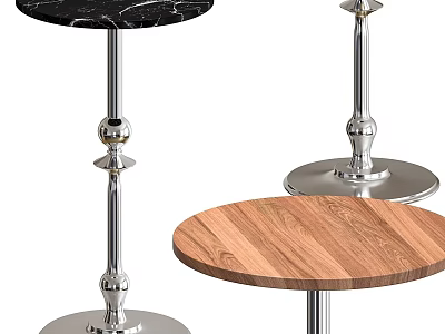Modern Stylish Round Side Tables With Shiny Silver Metal Base And Natural Wood Marble Tabletops 3d model