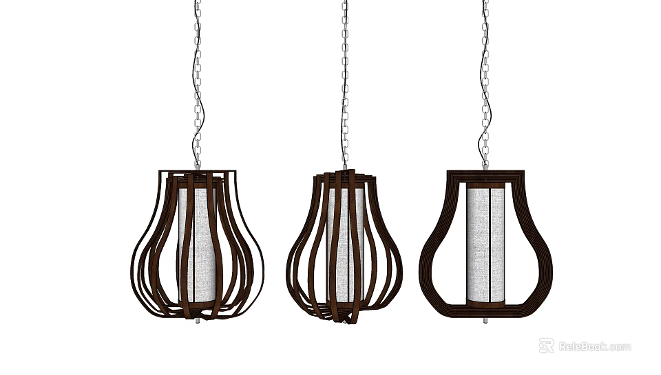 Three Modern Pendant Lights With Wooden Frame Curved Design And White Shade Hanging 3d model 