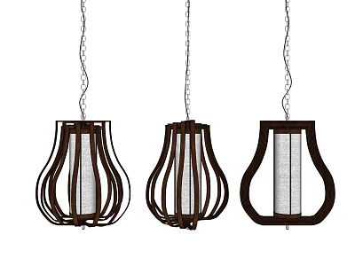 Three Modern Pendant Lights With Wooden Frame Curved Design And White Shade Hanging 3d model