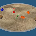 Garden Ornamental Design With Circular Sand Pit Sand Wooden Logs And Colorful Tools