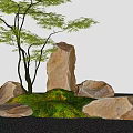 Natural Rockery Stones Arrangement with Green Moss and Leafy Tree in Garden