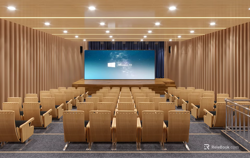 Modern Conference Room With Rows Of Seats And Large Screen 3d model 