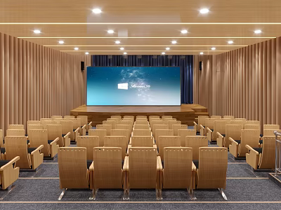 Modern Conference Room With Rows Of Seats And Large Screen 3d model