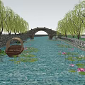Waterfront Landscape with Stone Arch Bridge Willow Trees Water Lilies and Boat on Calm River