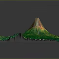 3D Terrain Model Of Green Landscape With Central Volcano And Lakes