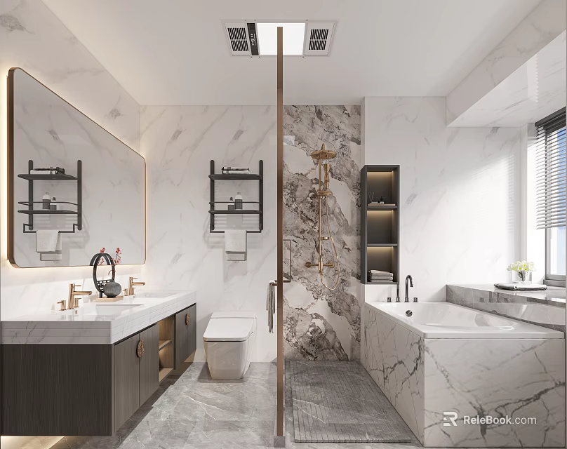 Modern Luxury Marble Bathroom Interior With Double Vanities Shower Area And Spacious Soaking Bathtub 3d model 
