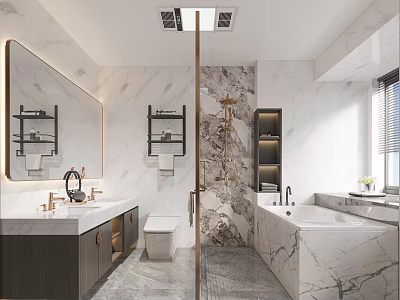 Modern Luxury Marble Bathroom Interior With Double Vanities Shower Area And Spacious Soaking Bathtub 3d model