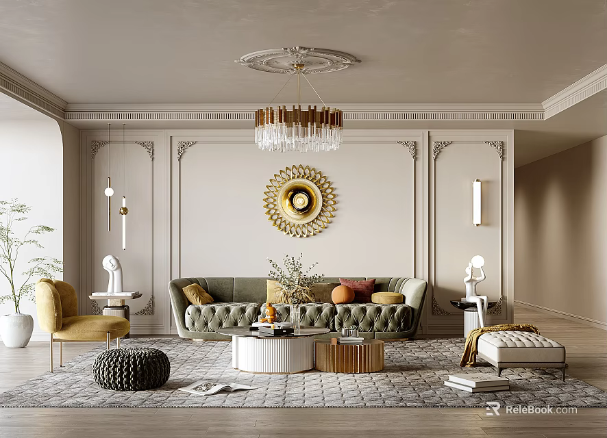 Elegant Living Room Interior With Green Velvet Sofa Gold Round Mirror Chandelier And Area Rug 3d model 