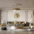 Elegant Living Room Interior With Green Velvet Sofa Gold Round Mirror Chandelier And Area Rug