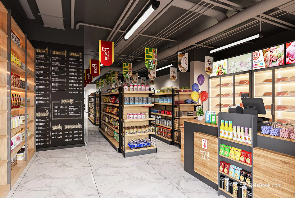 Modern Supermarket Interior With Shelves Products And Checkout 3d model 