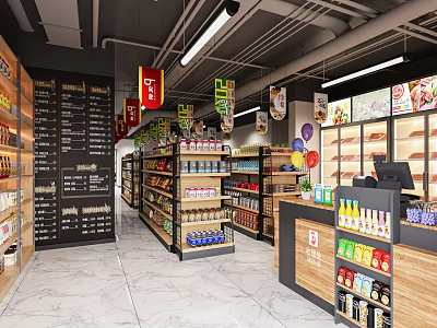 Modern Supermarket Interior With Shelves Products And Checkout 3d model