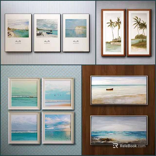 Landscape Paintings With Sea View Beach Palm Trees Boat And Blue Sky Wall Art 3d model 