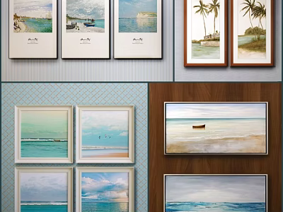 Landscape Paintings With Sea View Beach Palm Trees Boat And Blue Sky Wall Art 3d model