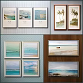 Landscape Paintings With Sea View Beach Palm Trees Boat And Blue Sky Wall Art