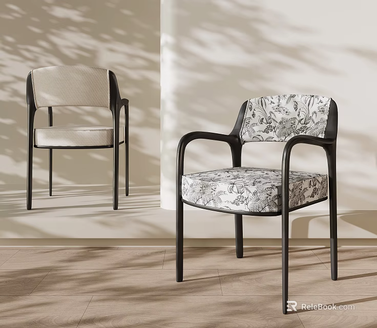 Elegant Modern Dining Chairs With Patterned Fabric And Black Metal Frame For Home Decor 3d model 