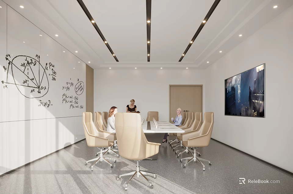 Modern Meeting Room Interior With Whiteboard Diagrams Beige Chairs White Conference Table And Large Screen 3d model 