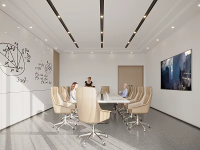 Modern Meeting Room Interior With Whiteboard Diagrams Beige Chairs White Conference Table And Large Screen 3d model