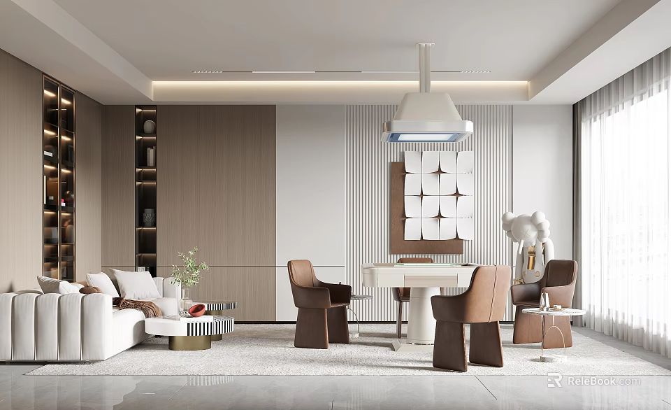 Modern Hotel Mahjong Room Interior With Sofa Chairs Pendant Light And Wooden Bookshelf 3d model 