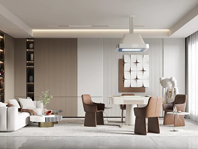 Modern Hotel Mahjong Room Interior With Sofa Chairs Pendant Light And Wooden Bookshelf 3d model