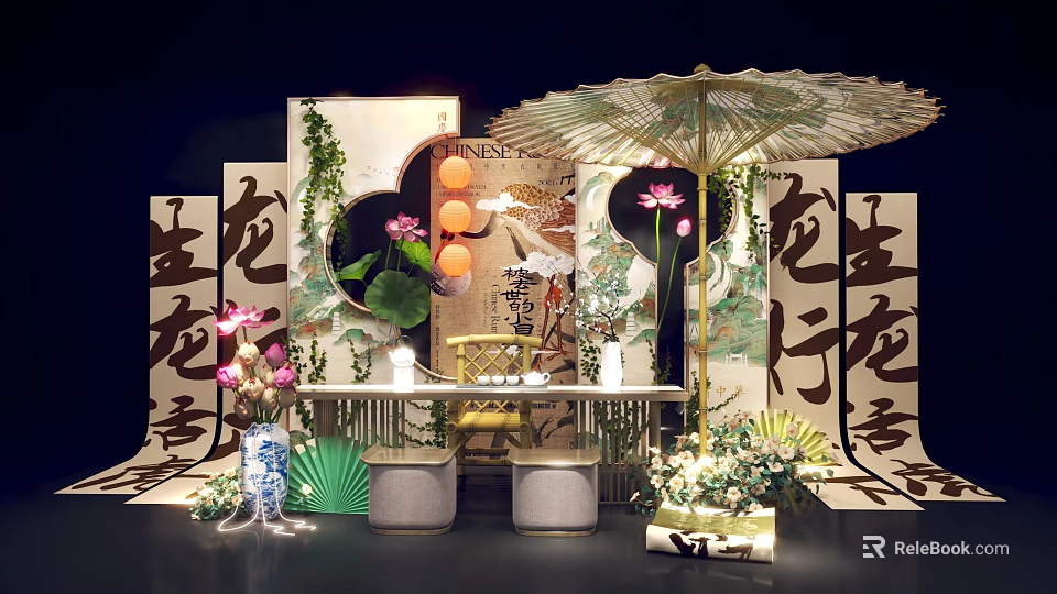 Traditional Chinese Themed Decor With Lotus Flowers Umbrella And Calligraphy Scrolls 3d model 
