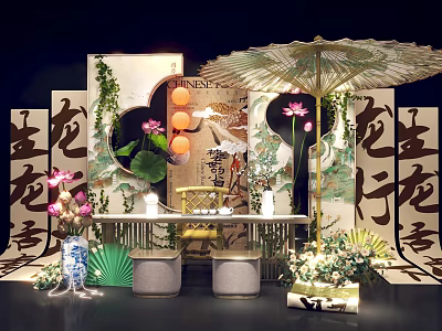 Traditional Chinese Themed Decor With Lotus Flowers Umbrella And Calligraphy Scrolls 3d model