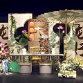 Traditional Chinese Themed Decor With Lotus Flowers Umbrella And Calligraphy Scrolls