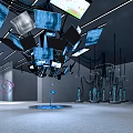 Futuristic Exhibition Space With Neon Lit Human Figures And Hanging Circular Lights 3d model