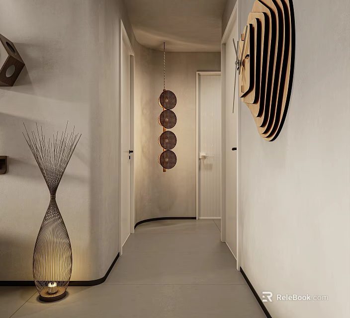 Modern Elevator Hallway Interior With Hanging Globe Lights And Decorative Wall Art 3d model