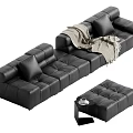 Black Leather Sectional Sofa with Cushions Throw Blanket and Ottoman Side Table 3d model