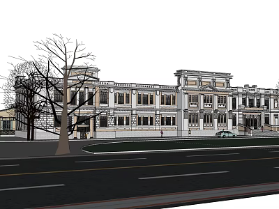 Historic Classical Building Exterior With Ornate Facade Columns Trees And Street Cars 3d model