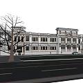 Historic Classical Building Exterior With Ornate Facade Columns Trees And Street Cars