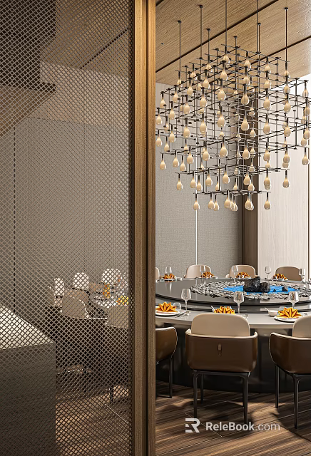 Elegant Private Dining Room Interior With Round Dining Table Chandelier And Chairs 3d model