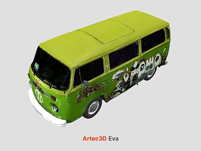 Vibrant Green Bus 3D Model Featuring Graffiti Art And Exterior Details 3d model