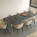 Modern Black Rectangular Dining Table Set With Beige Chairs Yellow Plate And Gray Rug 3d model