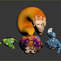 Vibrant Game Movie Characters Featuring Green Frog Waving Chubby Purple Coat And Blue Horned Figure