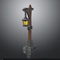 Vintage Street Lamp With Wooden Pole Stone Base And Hanging Yellow Light Lantern