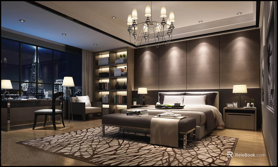 Luxurious Hotel Room Featuring King Bed Chandelier Floor to Ceiling Windows And City View 3d model 