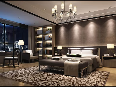 Luxurious Hotel Room Featuring King Bed Chandelier Floor to Ceiling Windows And City View 3d model