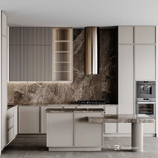 Elegant Modern Kitchen Interior With Marble Island Cabinets And Range Hood 3d model 